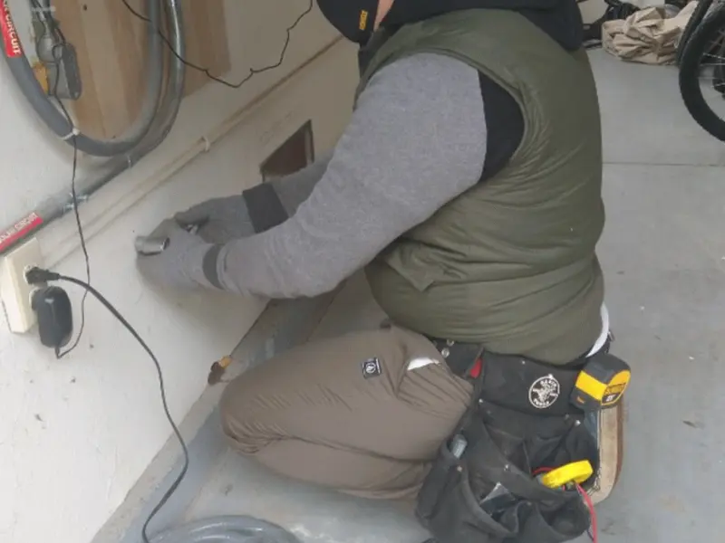 Electrician performing outlet wiring in a Mansfield garage